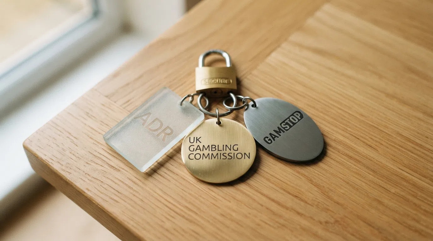 A simplified diagram showing three linked shields — the centre one labelled UKGC, the left one labelled ADR, the right one labelled GAMSTOP — with a padlock icon above the set