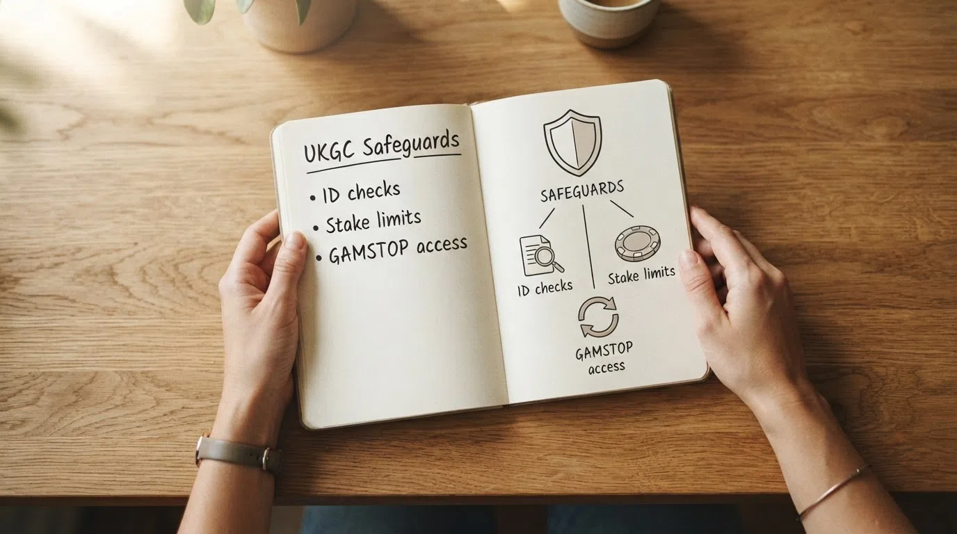 A simplified diagram showing the three licensing objectives of the Gambling Act 2005 linked to the specific protections a bank transfer depositor receives: ID verification, stake caps, and GAMSTOP access