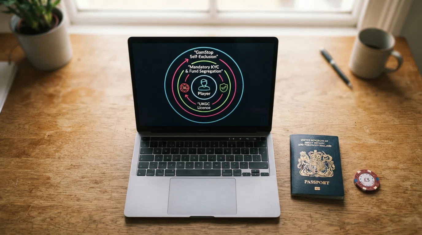 A simplified diagram of the UK player-protection framework: three concentric layers labelled “UKGC Licence,” “Mandatory KYC & Fund Segregation,” and “GamStop Self-Exclusion” radiating outward from a central “Player” icon.