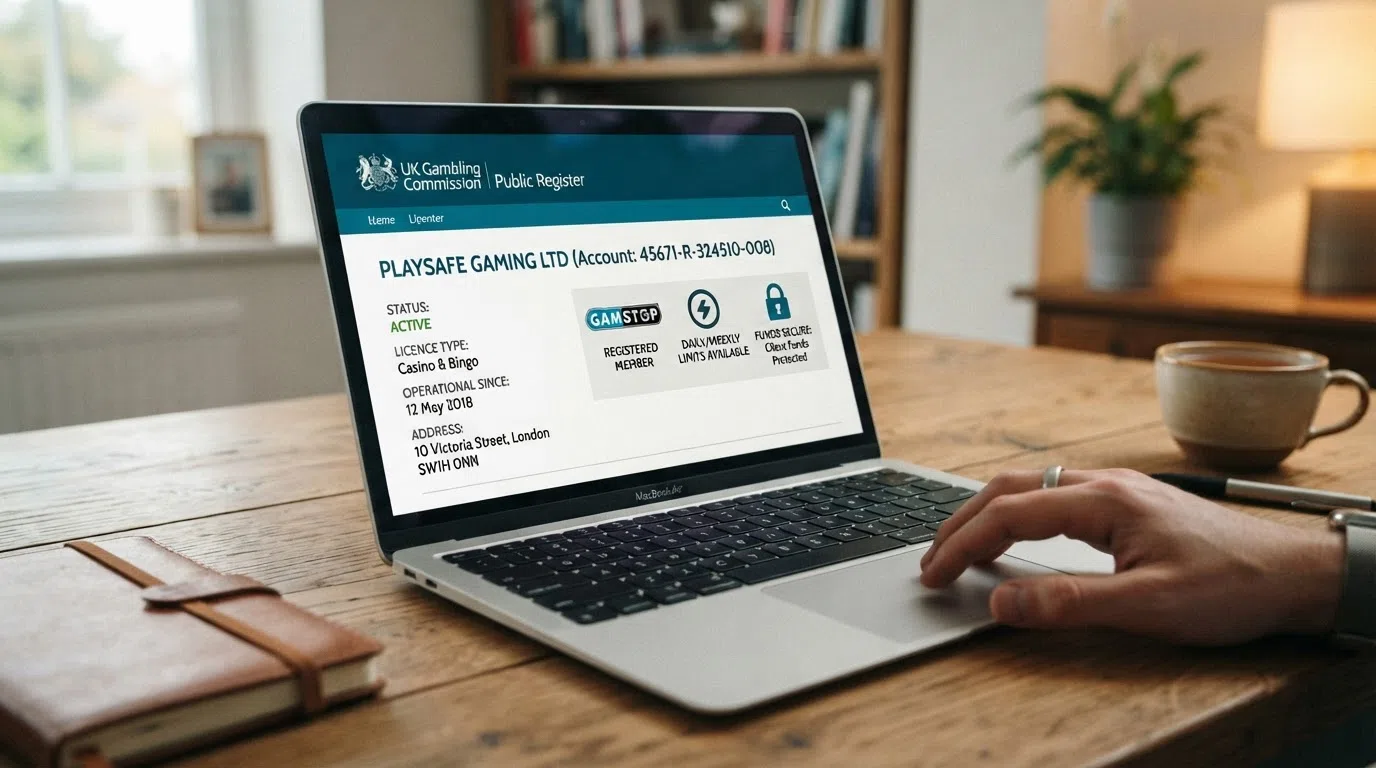 The Gambling Commission public register showing an active operator licence entry, with GAMSTOP and deposit-limit tool icons arranged beside it