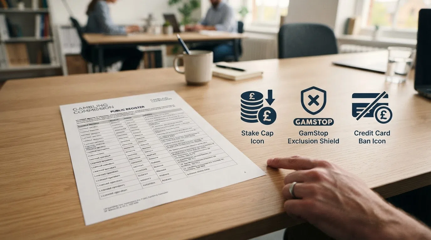 The Gambling Commission logo next to icons representing the stake cap, GamStop exclusion shield and credit-card ban symbol