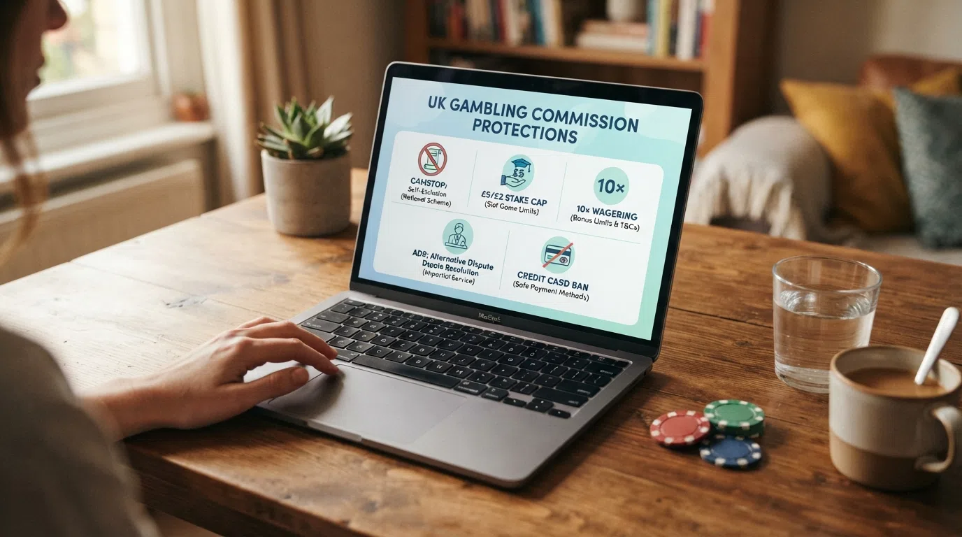 A simplified diagram showing the UKGC licence as a fence with protected features inside — GAMSTOP, stake cap, 10× wagering, ADR, credit-card ban — and offshore casinos outside with none