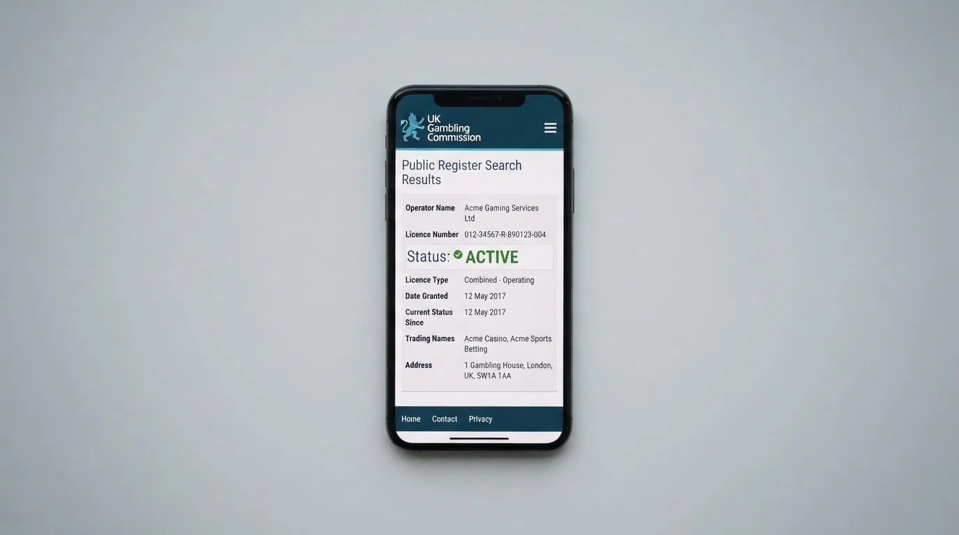 A smartphone screen displaying the UK Gambling Commission public register search interface with a licence status result and operator details visible