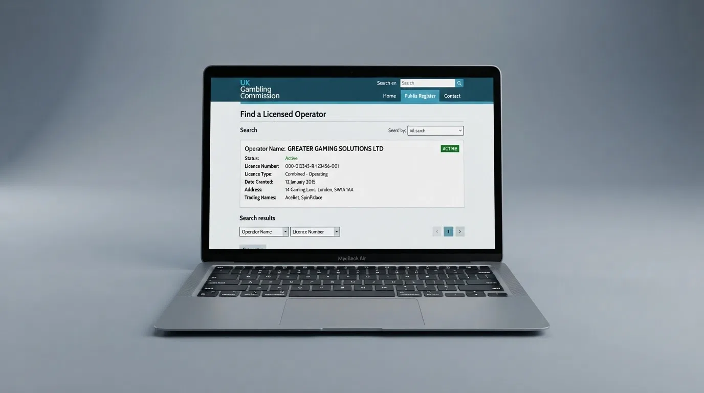 A screenshot of the UK Gambling Commission public register search interface showing an operator licence entry with status and licence number