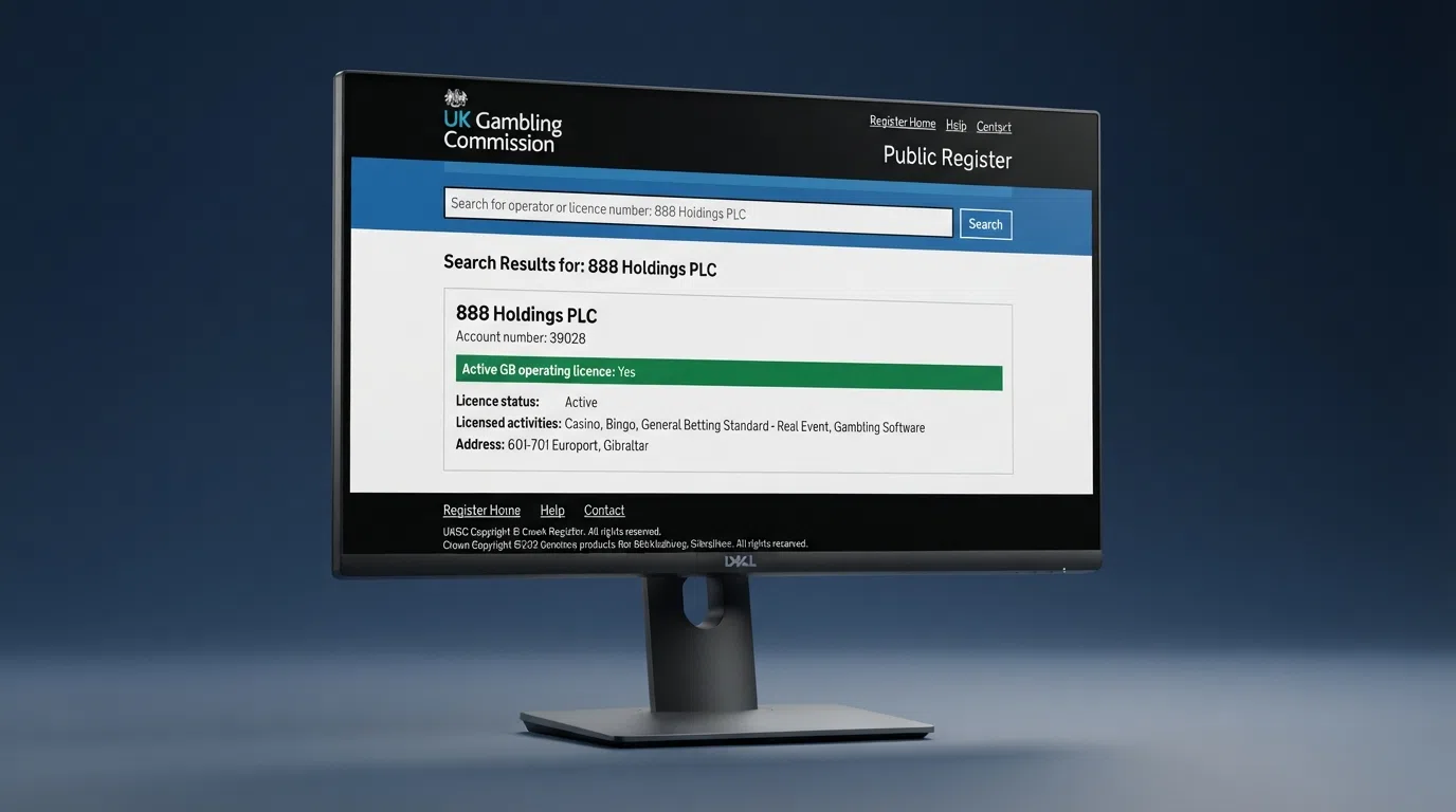 A close-up of a screen displaying the Gambling Commission public register search interface, with an operator name entered and an active operating licence status visible