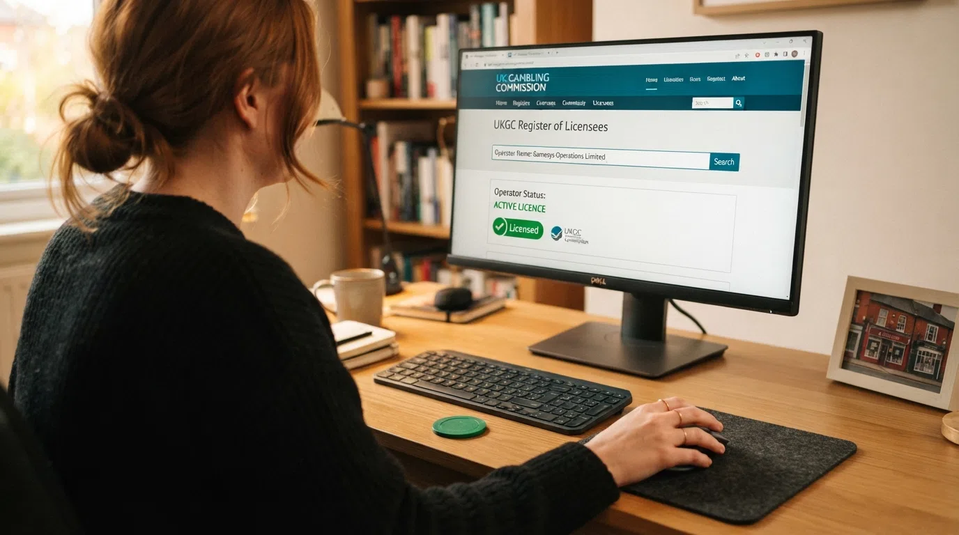 A screenshot of the UKGC public register search page at gamblingcommission.gov.uk with a casino name typed into the search bar and a green “Licensed” result badge visible below