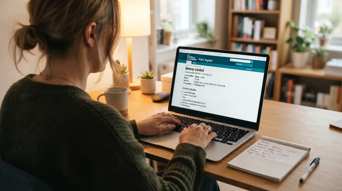 The UK Gambling Commission public register website open to a search-results page displaying an operator's licence details including licence number, status and activity types