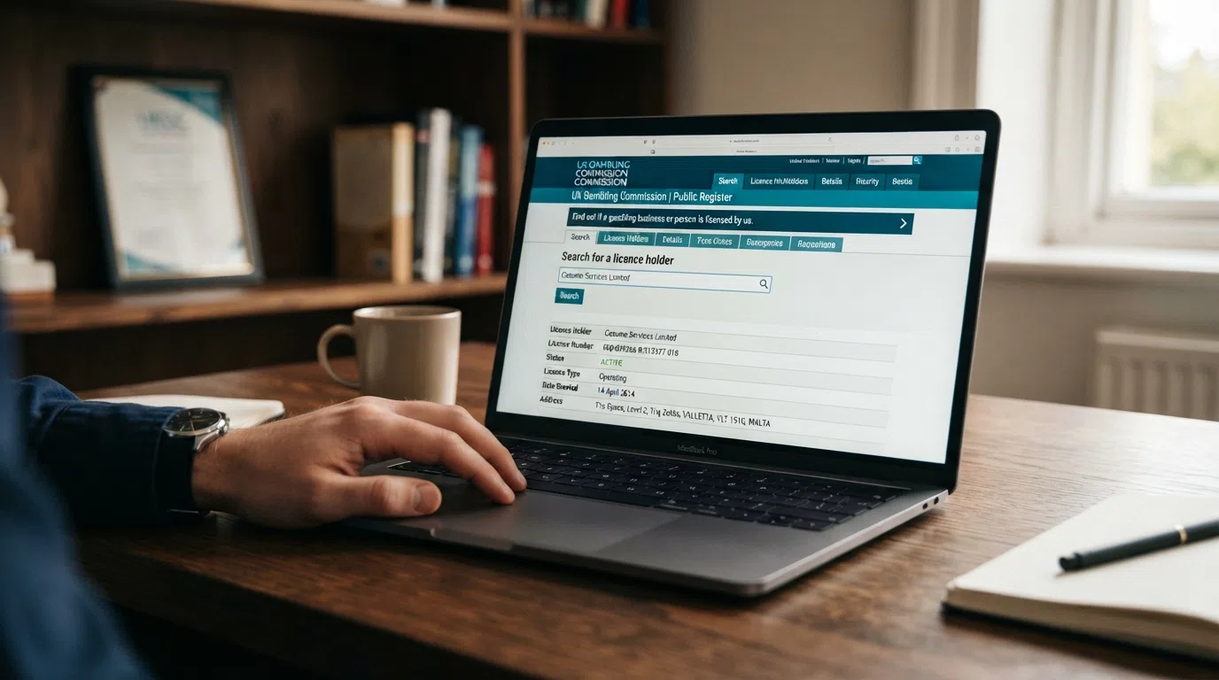 UK Gambling Commission public register search interface on a desktop browser, showing a business search field