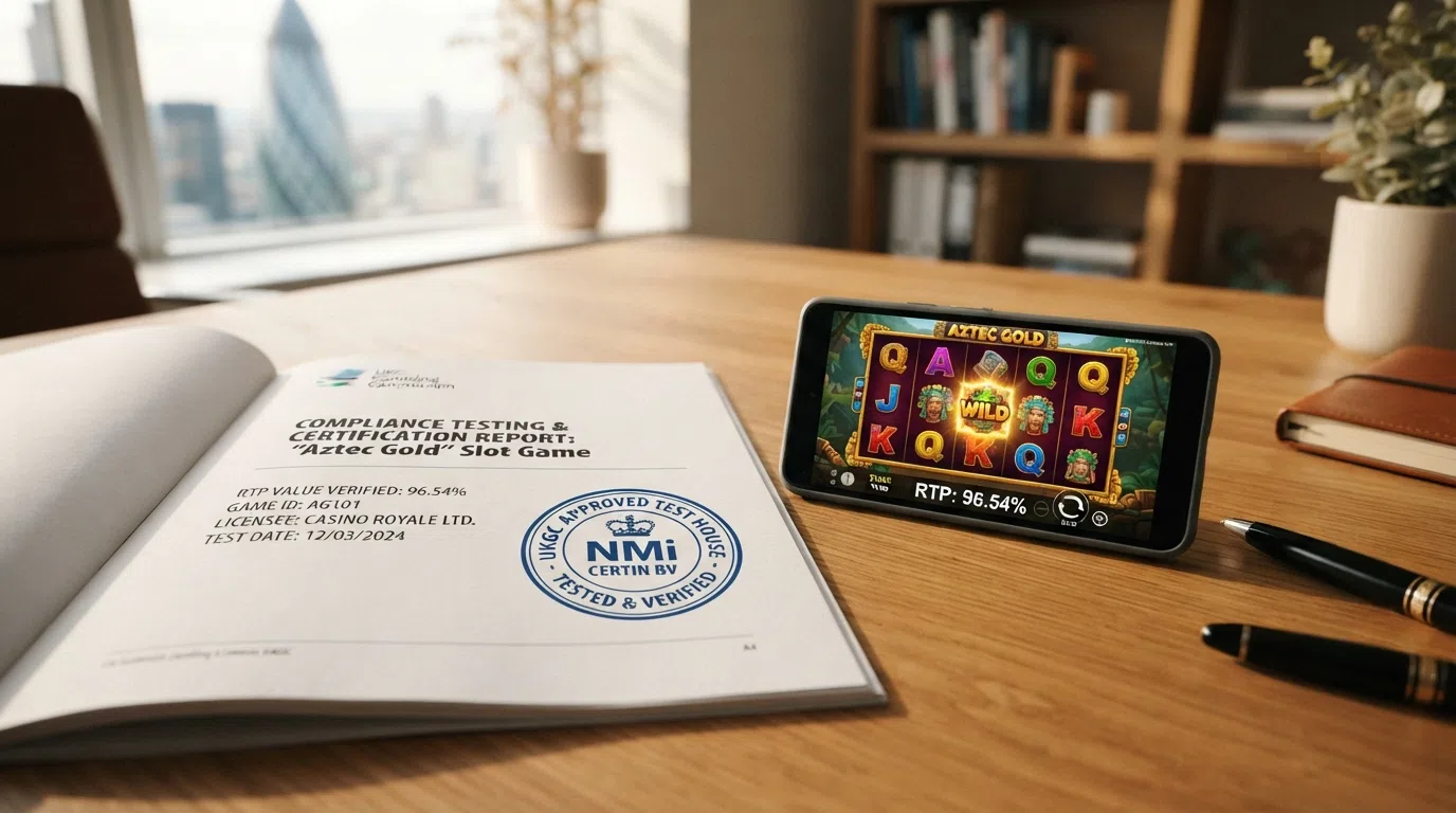 A testing report marked with an approved-test-house stamp next to a slot game