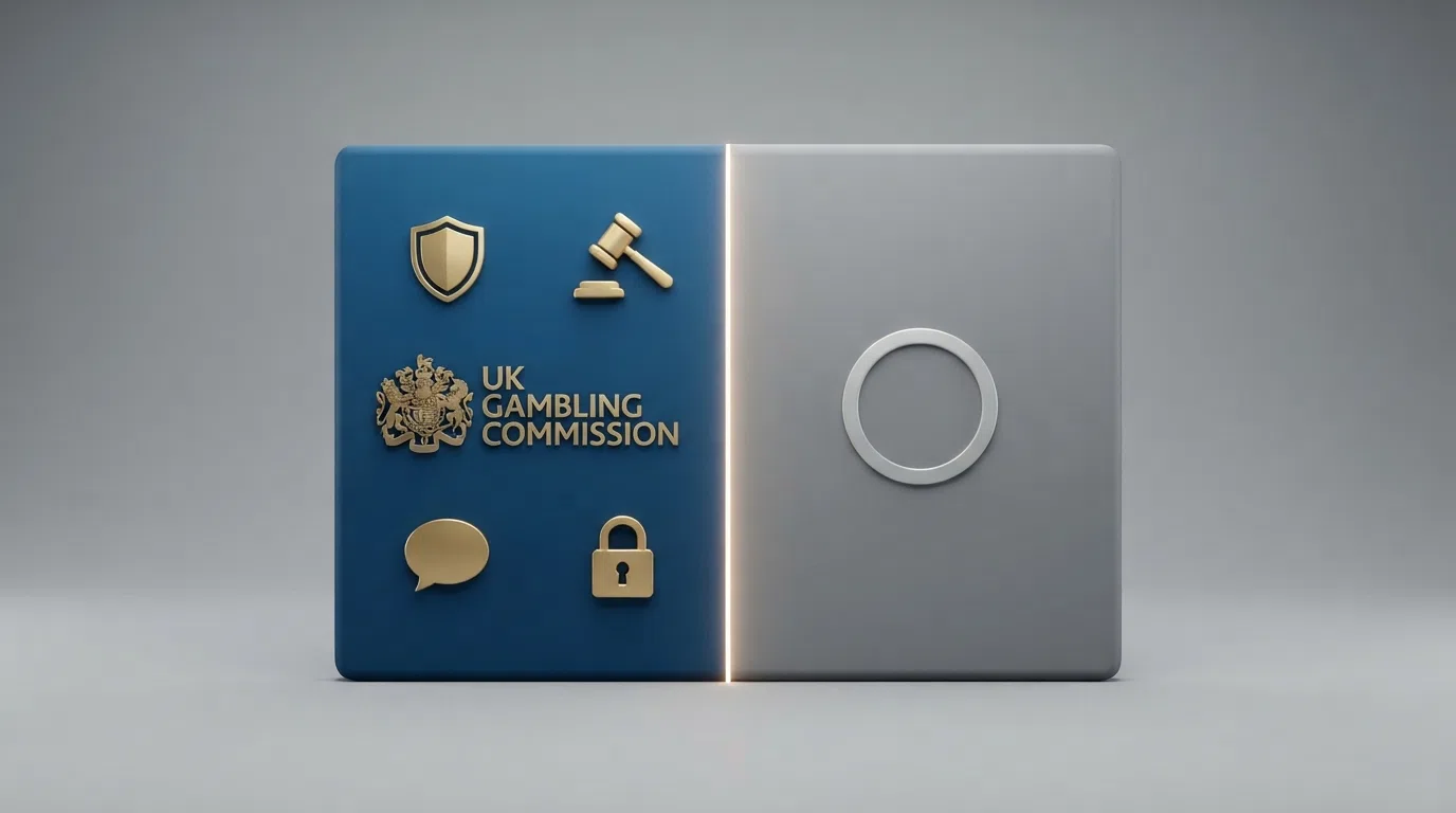 A two-sided diagram, one side marked with a UKGC badge, the other with an offshore licence mark