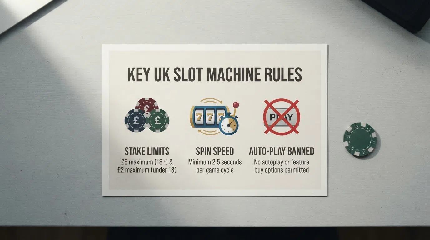 A clean infographic-style layout showing three key UK slot rules: the £5/£2 age-banded stake cap, the 2.5-second minimum spin, and the banned auto-play icon crossed out