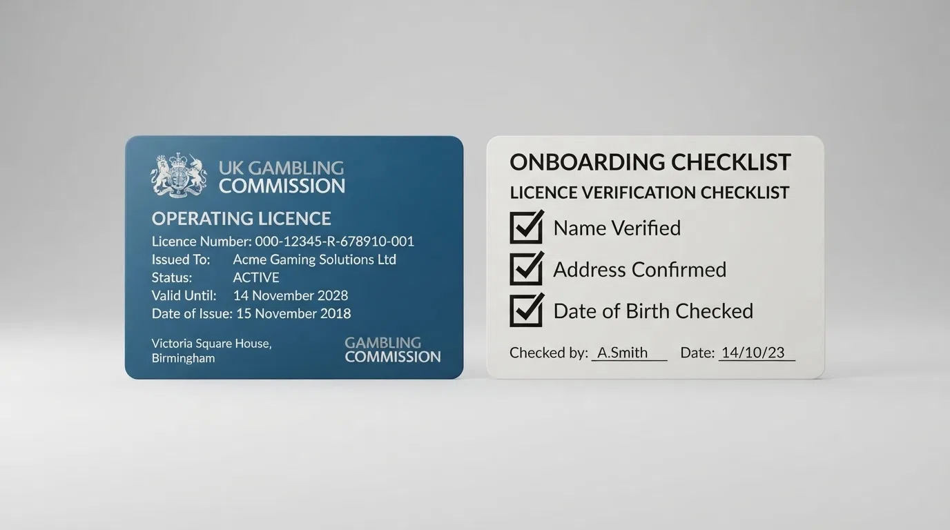 A UK Gambling Commission licence document next to a checklist reading name, address and date of birth