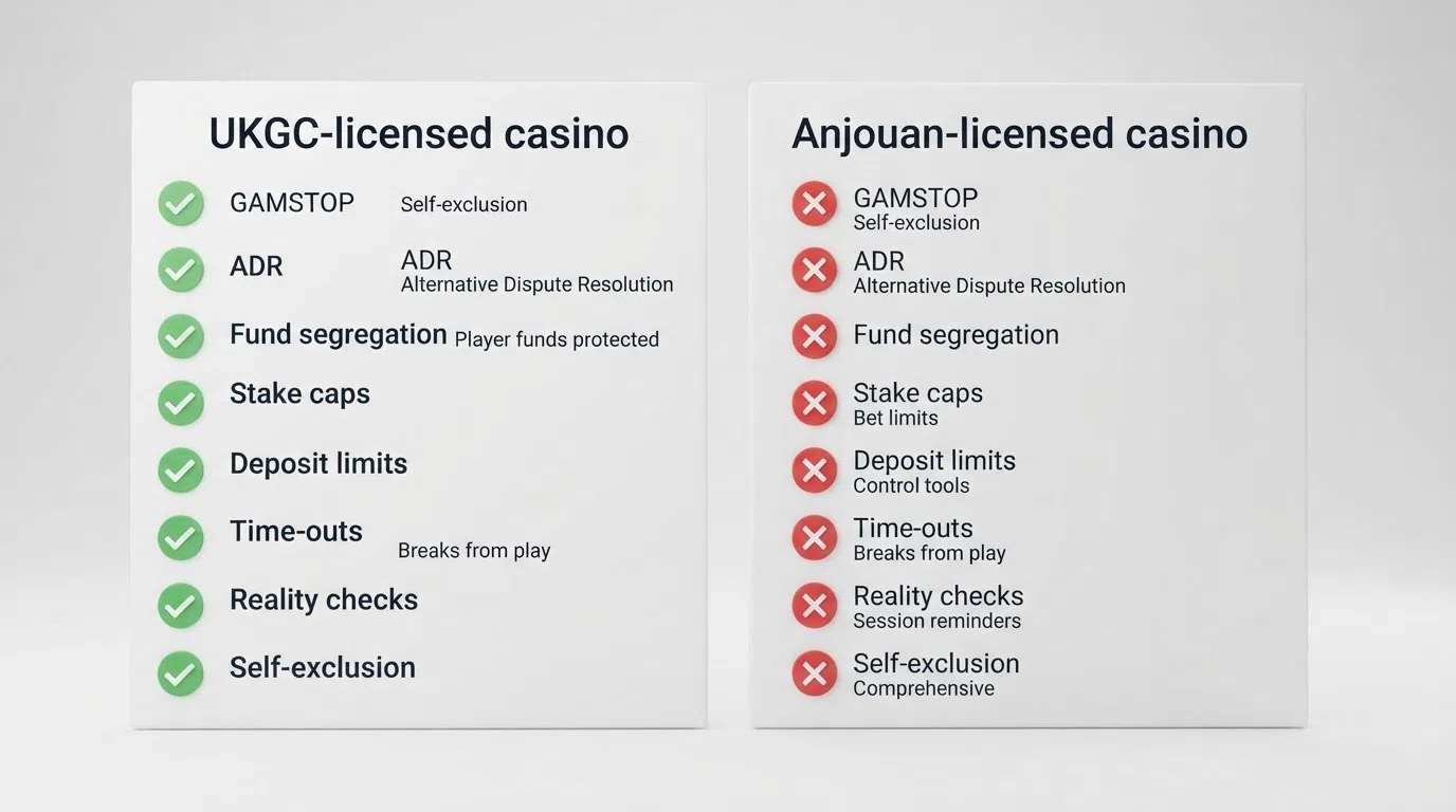 Two columns comparing a UKGC licence with an Anjouan licence, the Anjouan column missing the protection rows the UKGC column carries