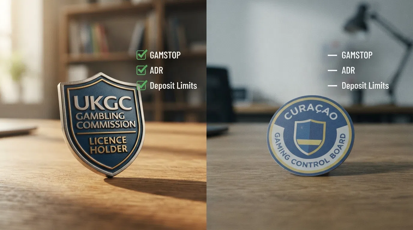 A visual split-screen contrasting a UKGC licence badge with checkmarks for GAMSTOP, ADR and deposit limits on one side against a Curaçao licence badge with crosses for the same protections on the other