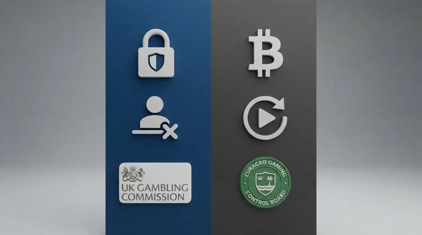 A side-by-side visual split: left side shows a padlock, a GamStop logo and a UKGC badge on a blue background; right side shows a Bitcoin symbol, an autoplay arrow and a Curacao green seal on a darker background.