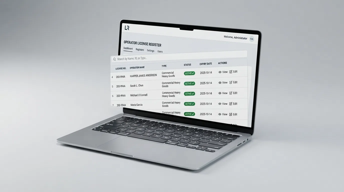 A laptop screen open on a searchable licence register with a green Active status badge beside one operator's entry.