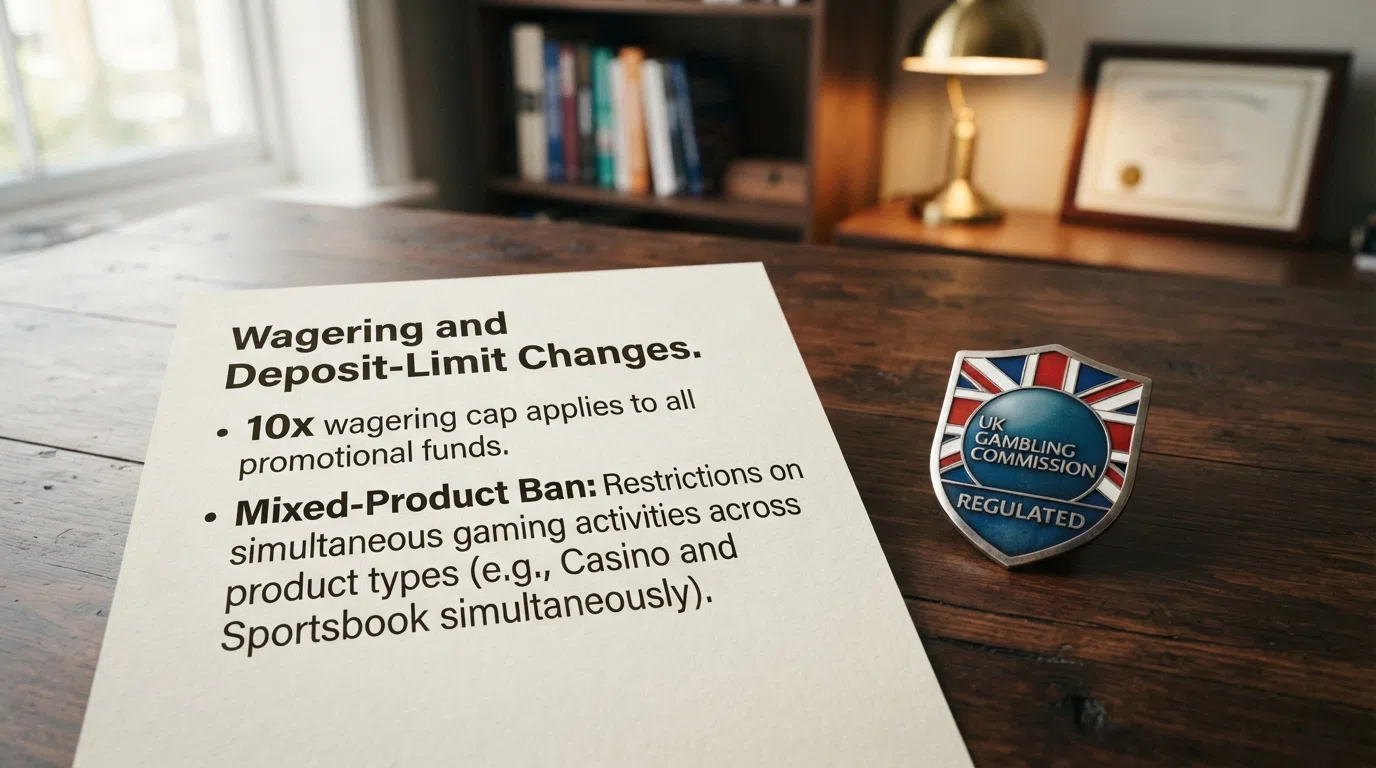 A rule document beside the Gambling Commission logo, listing wagering and deposit-limit changes