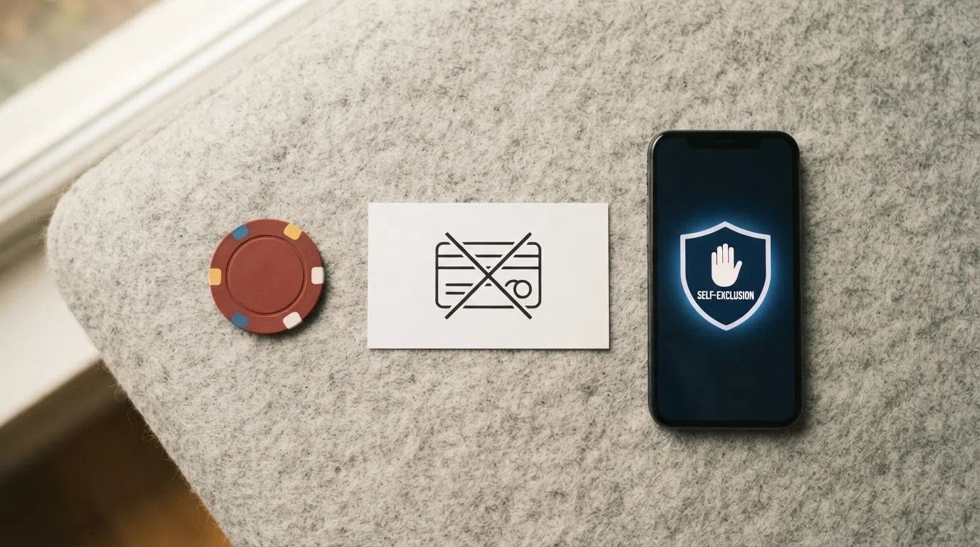 A simplified visual summary of three key UKGC bonus rules: a 10× cap badge, a crossed-out credit card symbol and a GAMSTOP shield logo arranged in a row