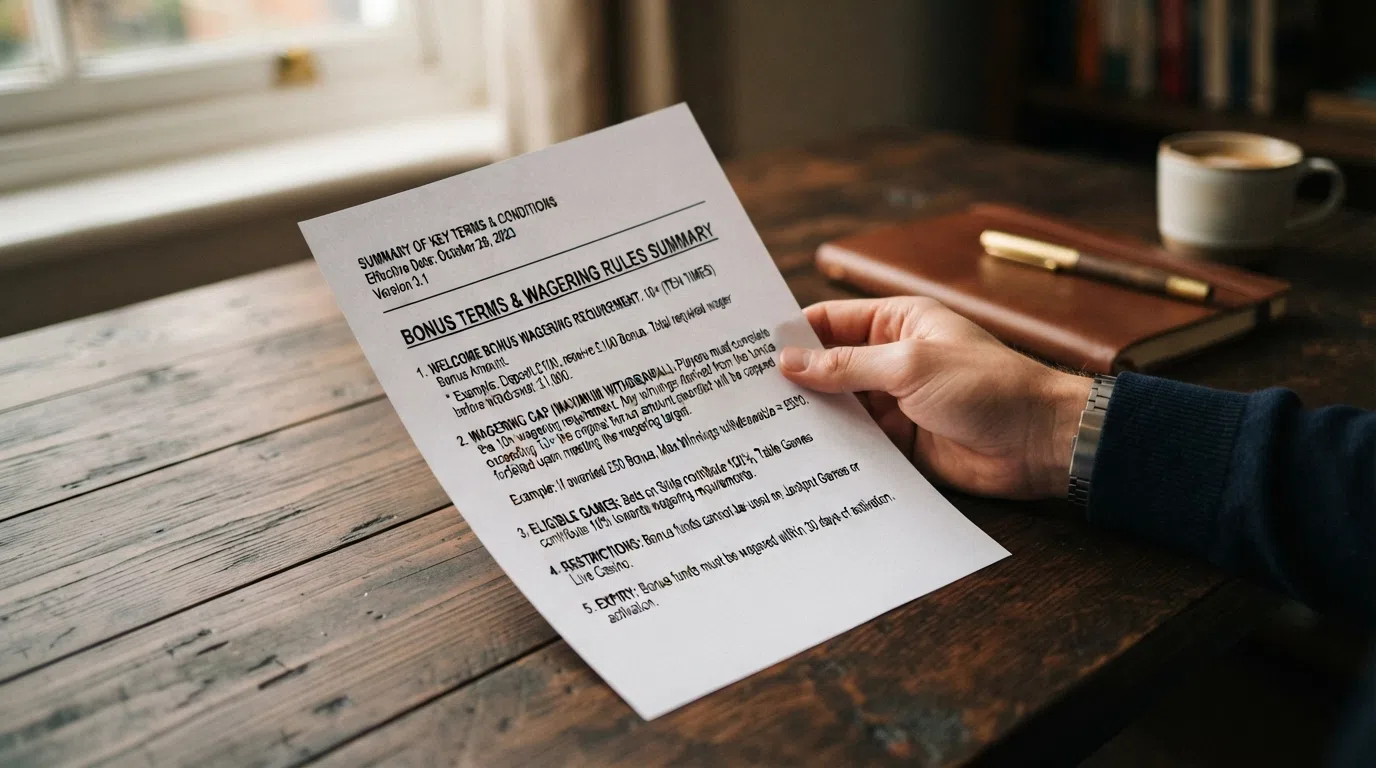 The UK Gambling Commission logo alongside a document excerpt summarising the 10× wagering requirement cap and bonus rules