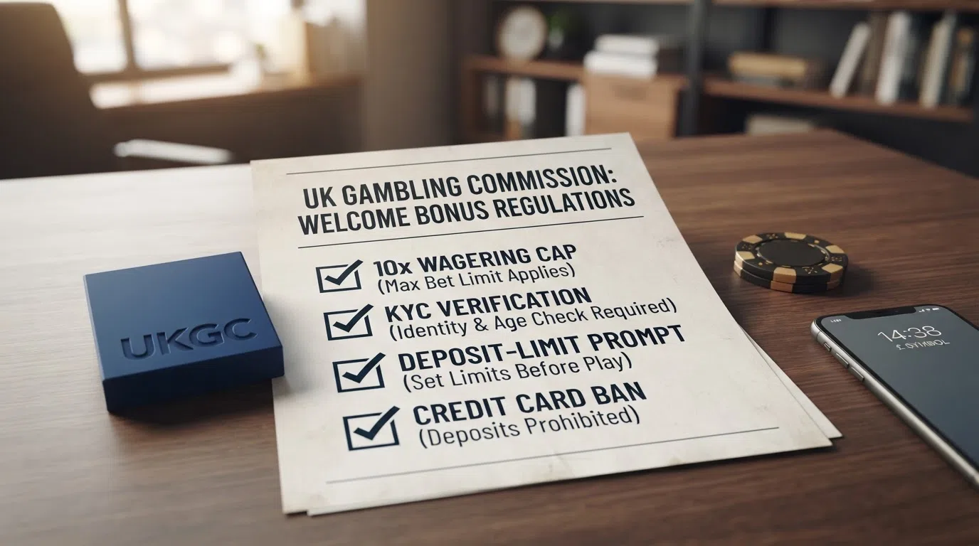 The UK Gambling Commission logo beside a simplified checklist of welcome-bonus rules — 10× wagering cap, KYC verification, deposit-limit prompt, and credit card ban