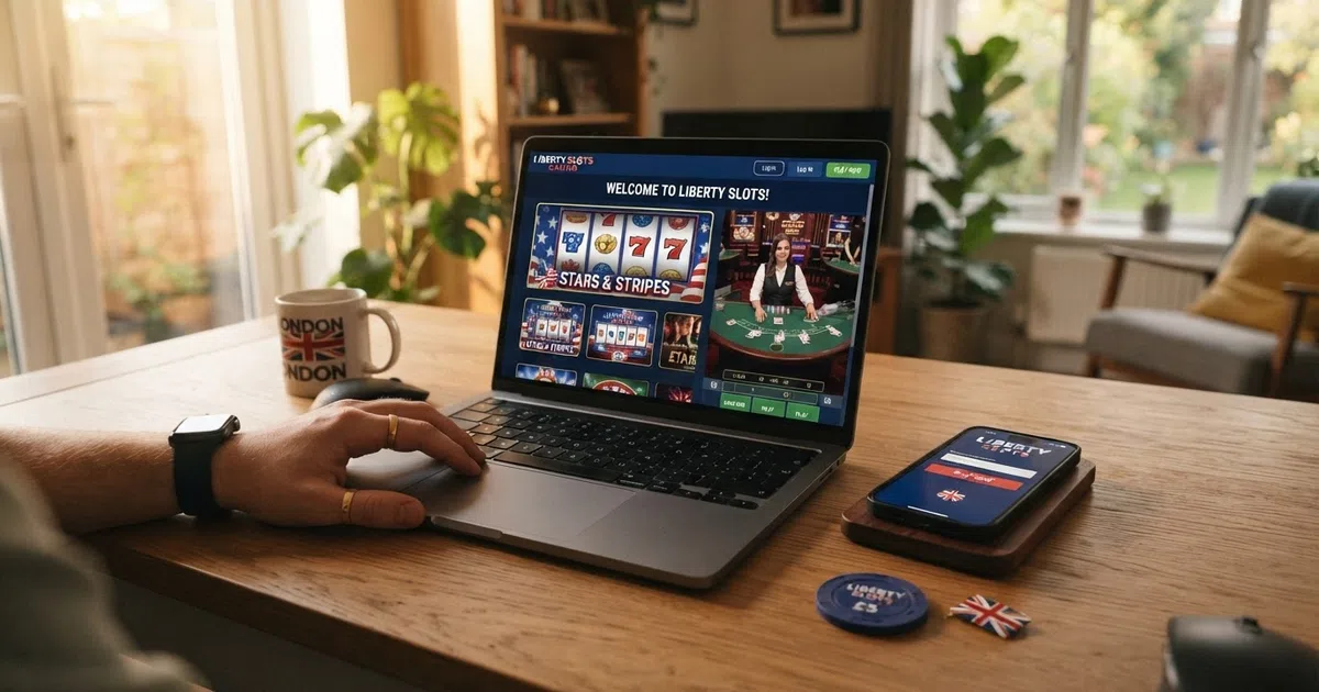 A laptop screen displaying a row of USA-themed online casino lobbies — bold red, white and blue branding, slot reels and a live-dealer table — with a union jack flag visible on a smartphone placed beside the laptop, showing the same casino login screen