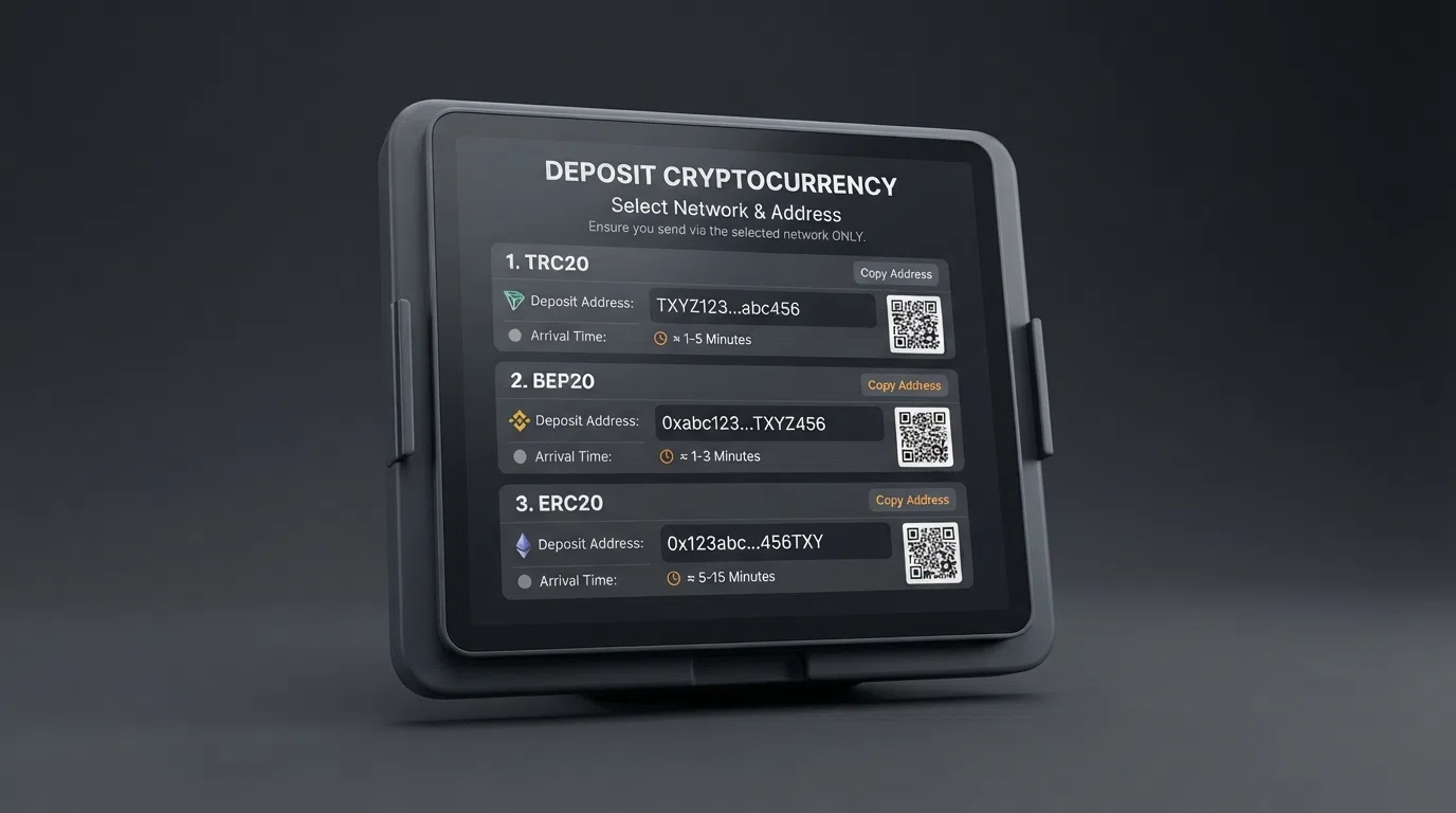 A casino deposit screen showing three USDT network options — TRC20, BEP20 and ERC20 — with their respective deposit addresses and estimated arrival times