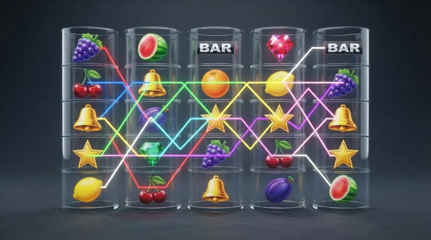 A five-reel video slot layout with multiple paylines highlighted as coloured paths across the grid, illustrating how winning combinations form