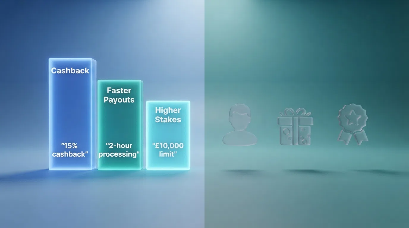 A split visual contrasting measurable VIP benefits (cashback percentage figures, faster-withdrawal clocks, higher-table-limit markers) against service-style perks (a host icon, a birthday-gift symbol, a priority-queue badge)