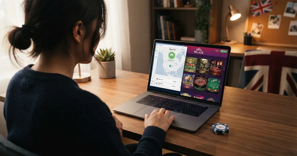 A split composition showing a person at a laptop with a VPN connection interface on one side and casino game tiles visible on the other, set against a dark background with a subtle Union Jack motif