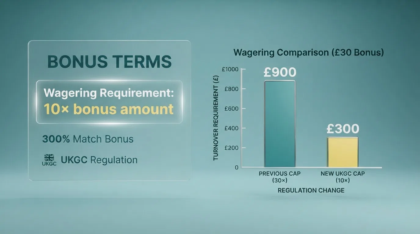 A split visual: on the left, a bonus terms panel showing “Wagering: 10× bonus amount” in a highlighted box; on the right, a simple bar comparing £300 turnover at 10× with £900 at 30× in the pre-2026 era