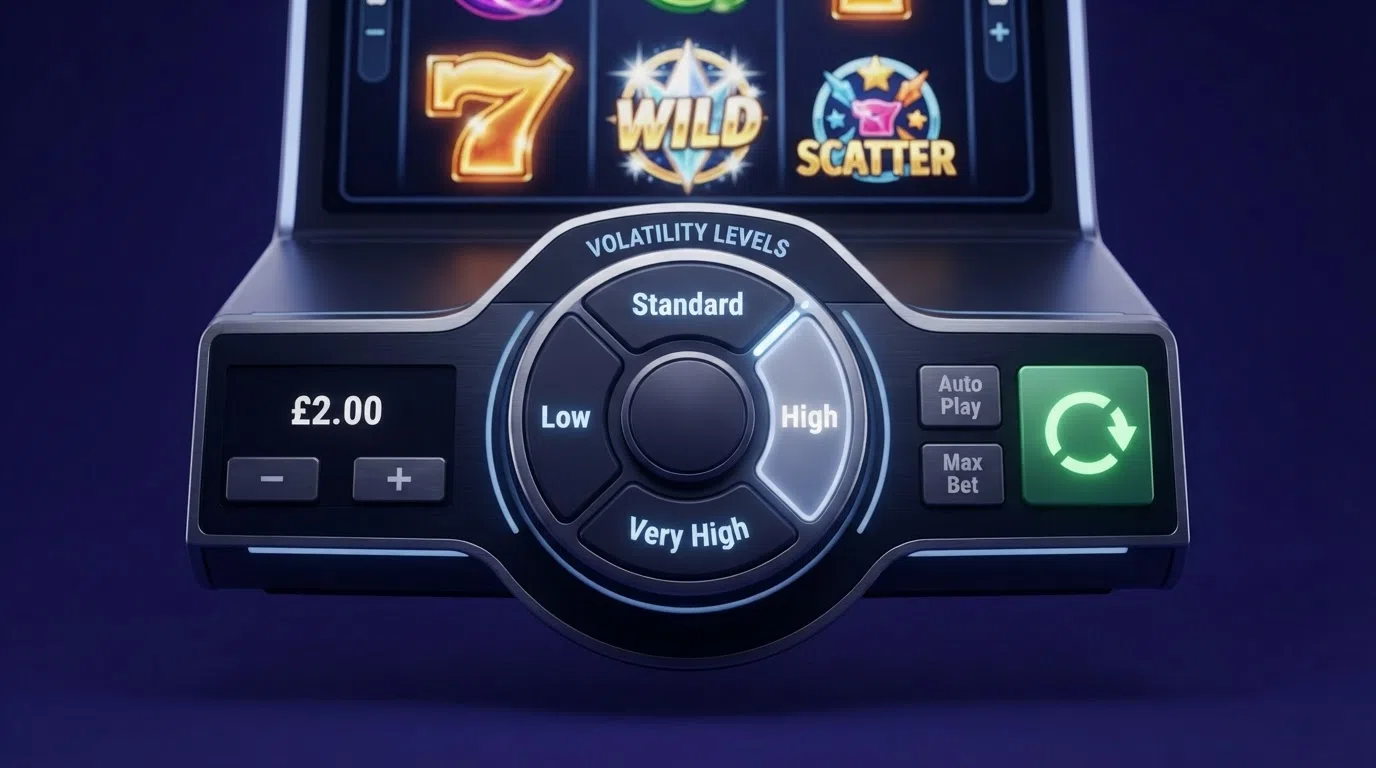 A Wazdan slot game panel showing the Volatility Levels selector with Low, Standard, High and Very High options visible