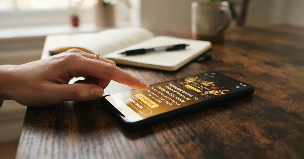A smartphone screen showing a UK online casino welcome bonus offer with free-spin and wagering terms displayed