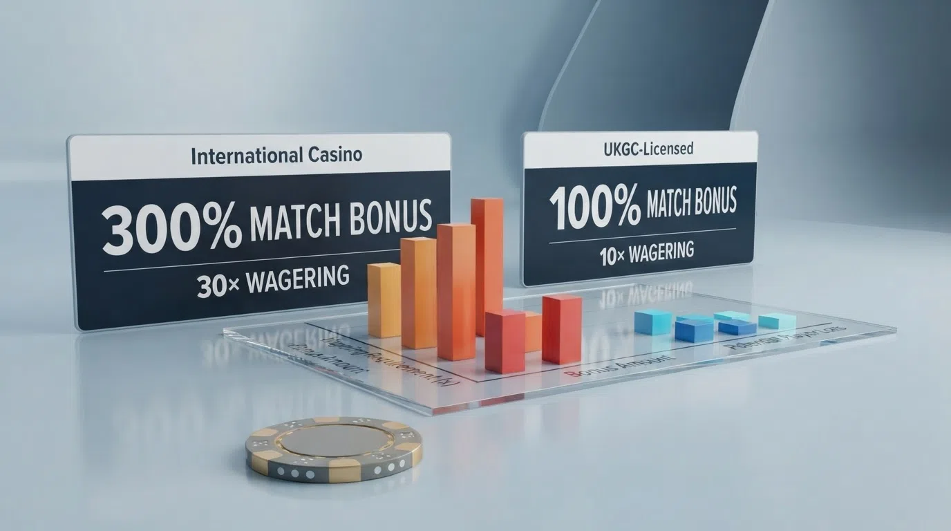 A visual comparison showing a large international casino bonus banner beside a smaller UKGC-licensed offer with the wagering multiples and cashout caps highlighted