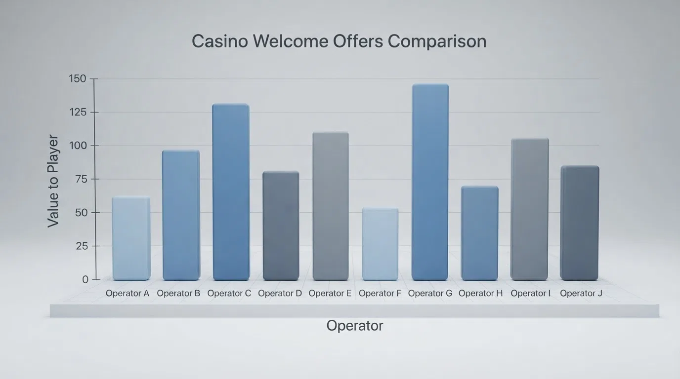 A comparison table of ten casino welcome offers with wagering and cashout columns