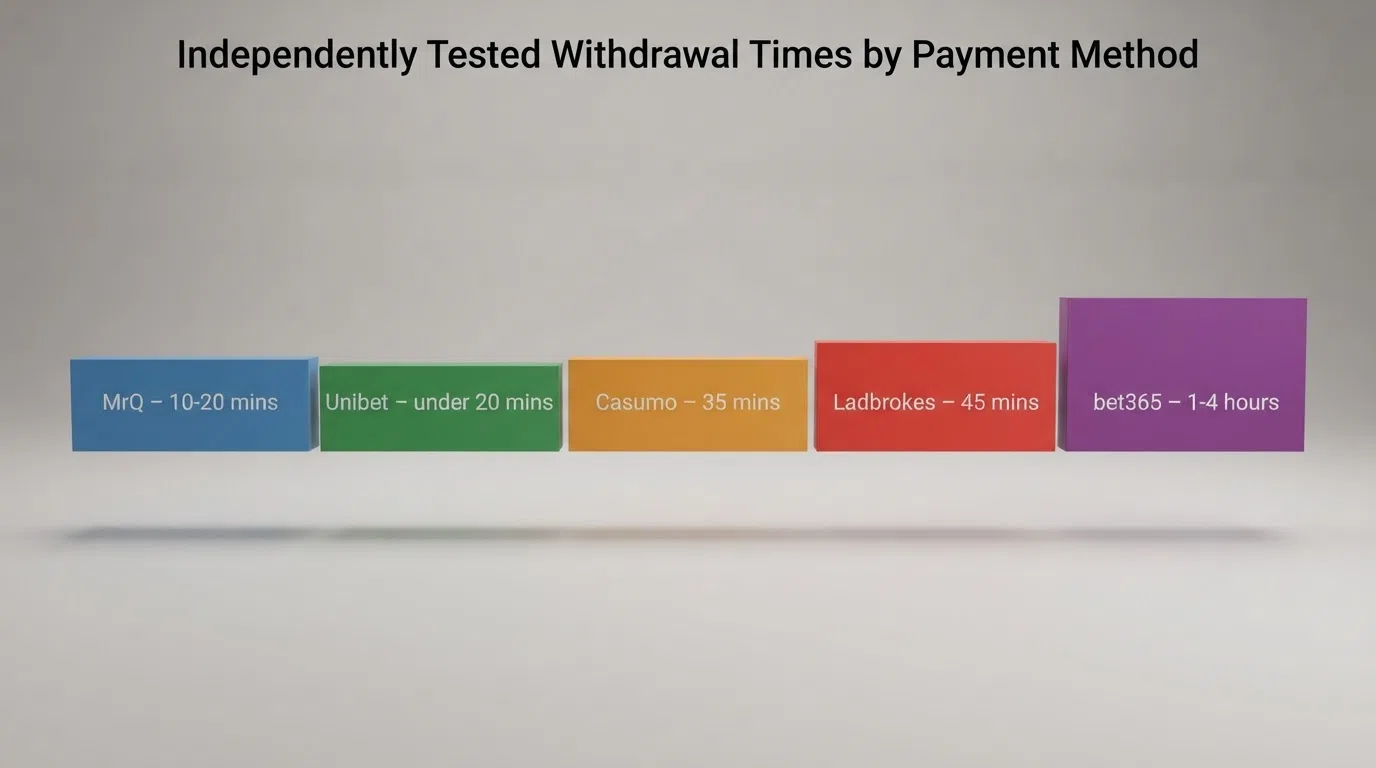 A horizontal bar chart comparing the tested withdrawal times of five payment methods — PayPal, Visa Fast Funds, Trustly, Skrill and debit card — with each bar labelled by the operator and time that produced that result.
