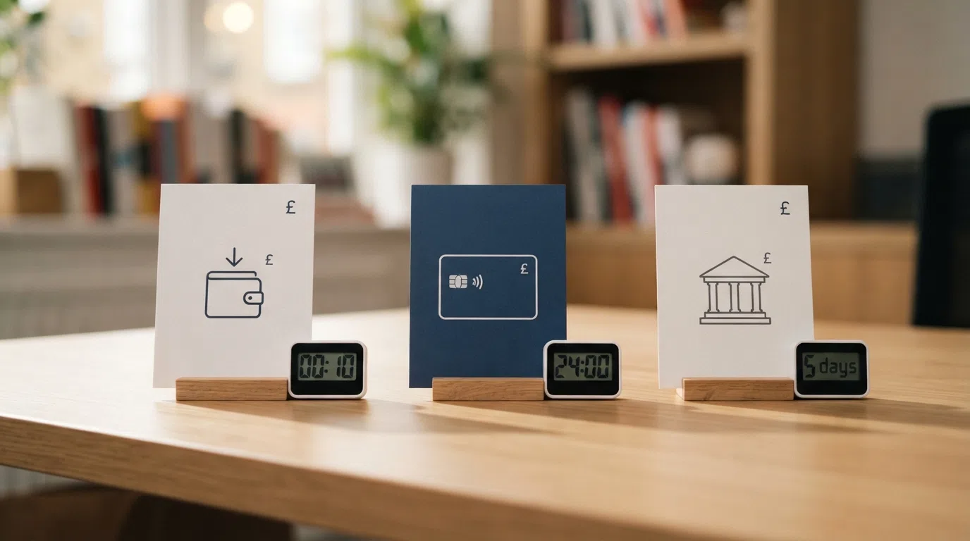 Three payment icons — an e-wallet, a debit card and a bank building — each with a different countdown timer