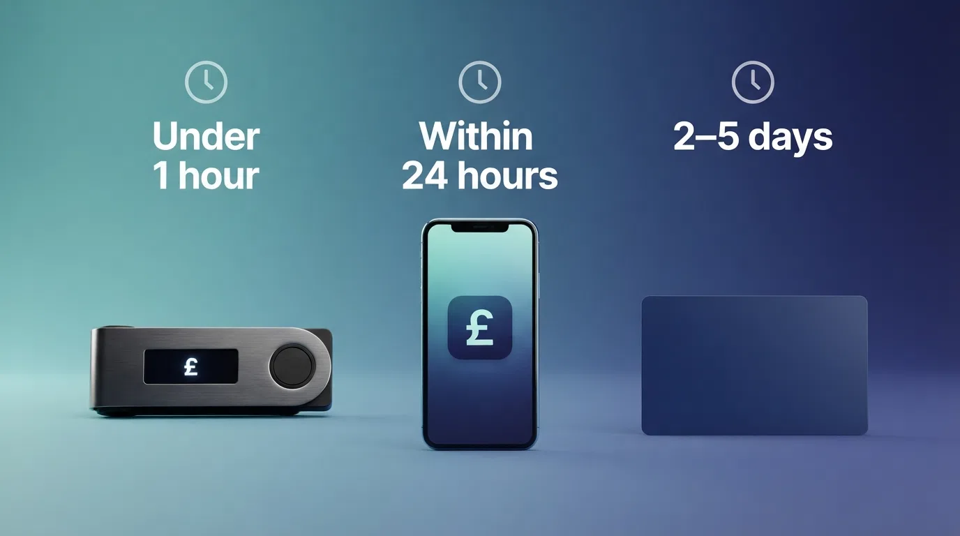 Three-column comparison graphic showing a cryptocurrency wallet logo on the left, an e-wallet app icon in the centre and a debit card on the right, each paired with a clock displaying its typical withdrawal time