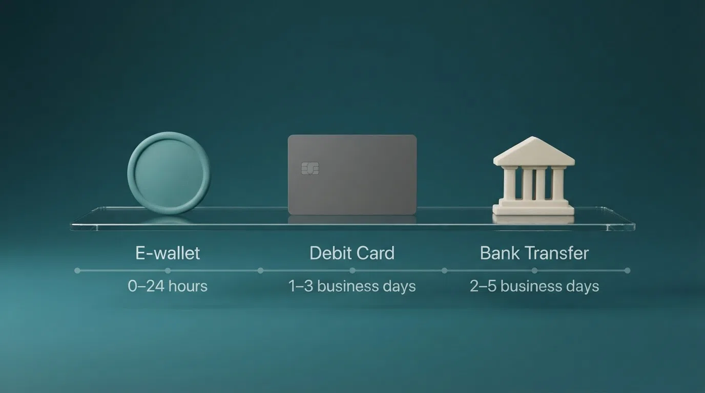 A timeline comparing how fast an e-wallet, a debit card and a bank transfer reach a player