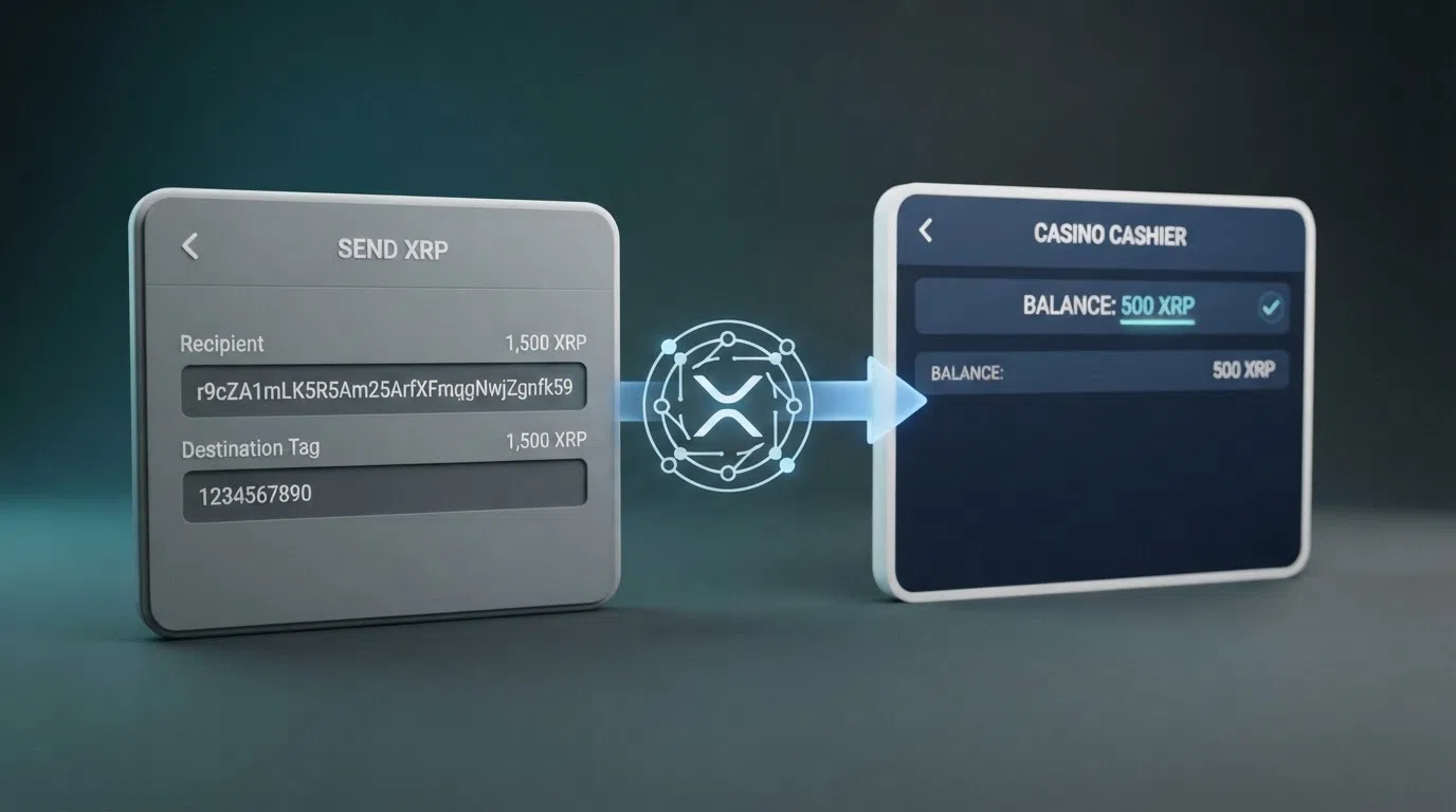 A simplified diagram showing the XRP deposit path — exchange wallet to casino address with destination tag, confirmation on the XRP Ledger, and balance appearing in the casino cashier