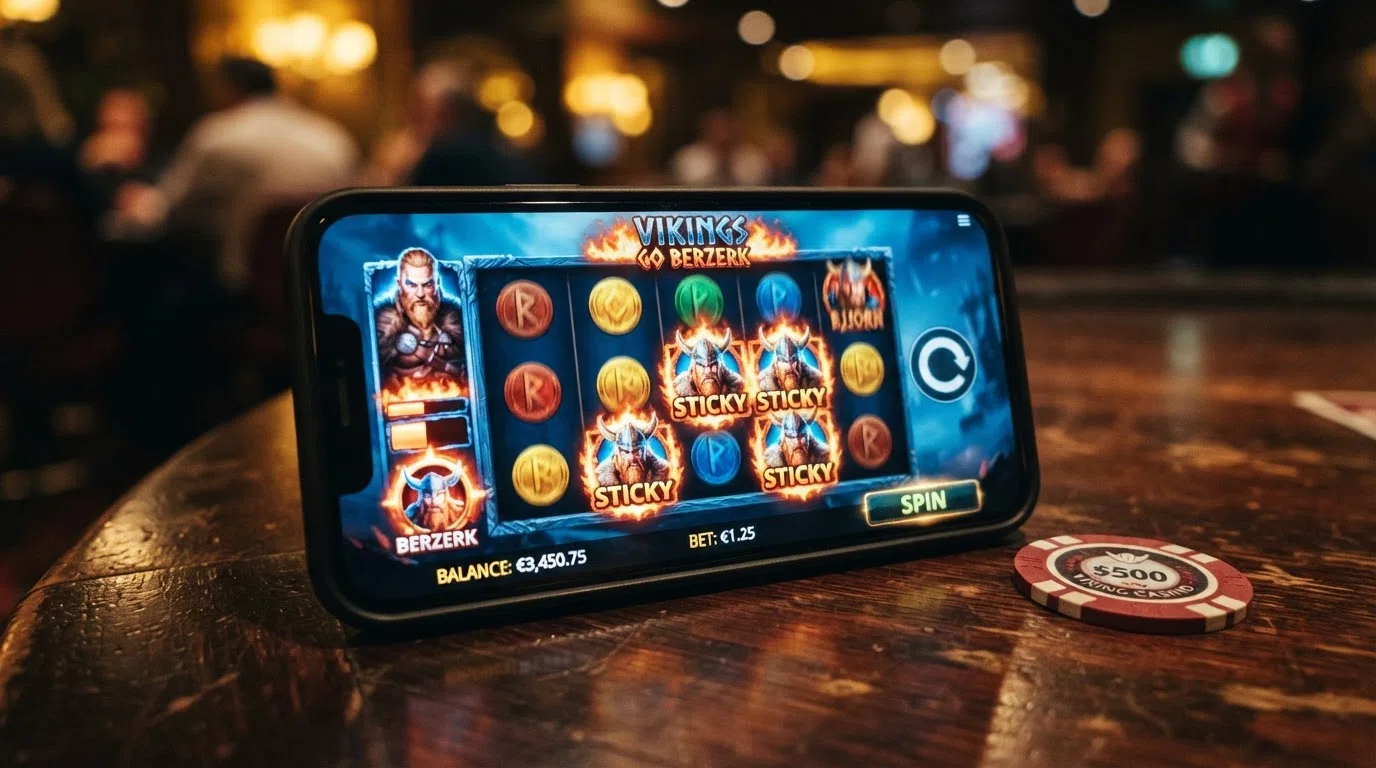 The Vikings Go Berzerk slot reels in play, showing the Rage meter and Sticky Wild feature mid-spin