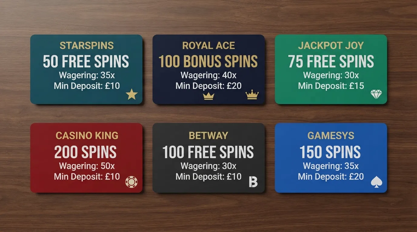 A side-by-side grid of UK casino welcome-offer cards showing free-spin counts, wagering multiples, and deposit minimums